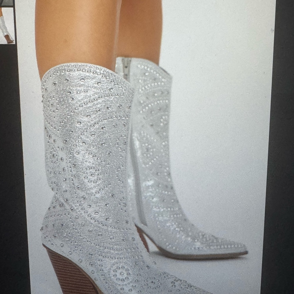Fashion Nova White Heeled Boots with Intricate Design